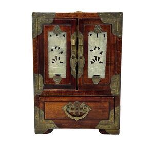 Vtg Chinese Rosewood Jewelry Box 7.5" Brown Wood With Brass & Carved Jade Detail
